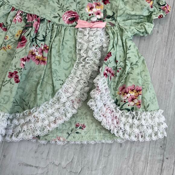 Vintage Jo Lene Floral Rose Lace Bow Dainty Girly Newborn Green Dress 0-3 Months - Picture 3 of 8